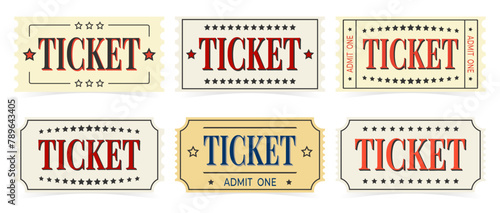 Set of retro tickets to cinema, club, exhibition, concert, museum, theater isolated on white background, vector.