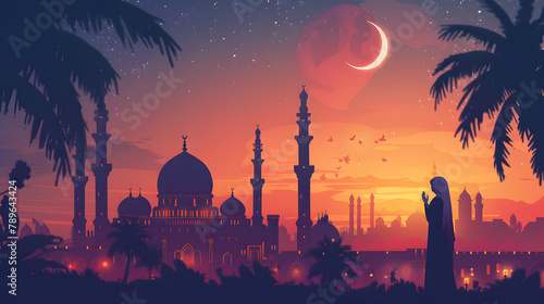 Salam Eid Greetings: Wishing Blessings with an Intricate Illustration Celebrating the Holiday of Ramadan Kareem, Eid Mubarak, and Eid Al-Fitr. Emphasizing Mosque, Prayer, Cityscape and Symbols photo