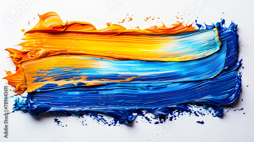 Abstract rough thick strokes of orange and pale blue in acrylic or oil paint on white background. Colorful vibrant painting with mix of colors. Abstract wallpaper artwork pattern. Copy space.