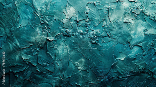 Abstract roughly plastered stone concrete wall, surface painted in dark turquoise color. Pattern color stucco background. Rough grain backdrop plaster. Design poster, template, banner, wallpaper, card
