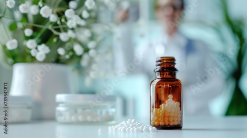 Bottle of homeopathic medicine pellets with a blurred doctor Homeopath in the background. Homeopathy treatment and alternative medicine concept in a clinical setting.