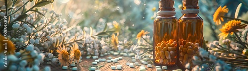Amber glass bottles with homeopathy pills among blooming wildflowers. Concept of homeopathy, botanical medicine, holistic health, natural pharmaceuticals, alternative medicine. Banner. Copy space