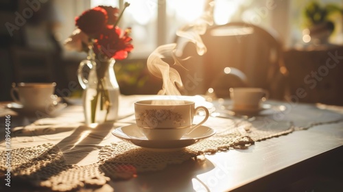 Steaming cup of tea on a lace tablecloth with morning sunlight. Cozy breakfast and home comfort concept. Still life photo for design in café menus, posters, and home decor. Warm interior