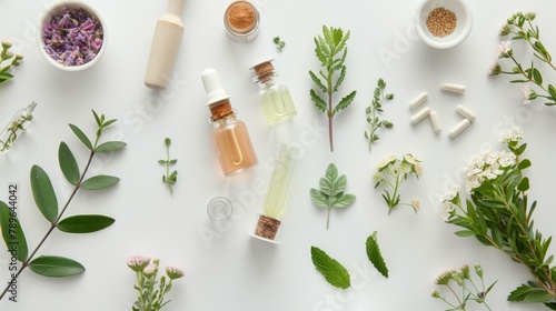 Homeopathy essentials, including glass vials of herbal extracts, medicinal herbs, mortar, pestle, and selection of homeopathic remedies, laid out on a white background. Flat lay. Alternative medicine