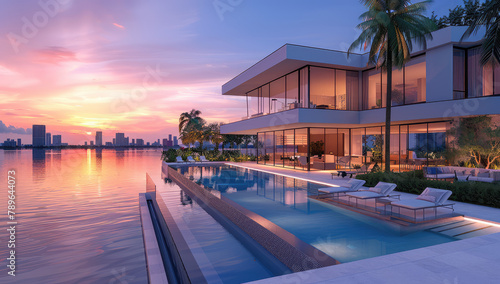 A stunning modern mansion with infinity pool, large windows overlooking Miami Beach at sunset. Created with Ai