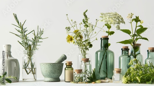 Homeopathic setup, featuring translucent glass vials with vibrant herbal extracts, variety of green medicinal herbs, a porcelain mortar and pestle against pure white backdrop. Homeopathic preparation photo