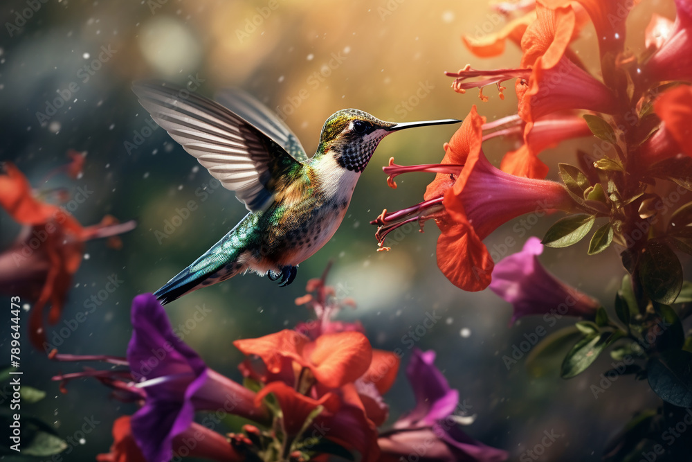 Naklejka premium Hummingbird hovering near a wildflower, wings in rapid motion, showcasing the dynamic energy of tiny wildlife
