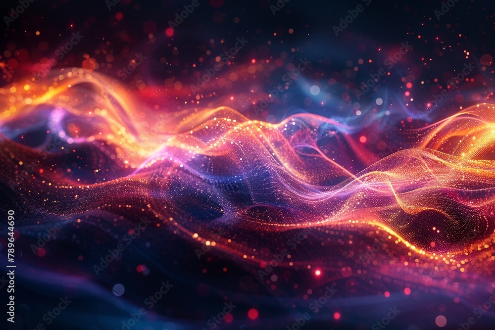 Vibrant energy pulses flowing through a network of fine, glowing lines on a dark abstract background