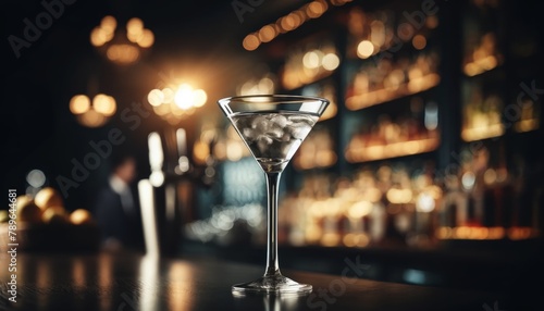Martini on a bar with multiple reflections in the mirror behind, focus on the drink, soft blur on the surroundings.. AI generated.
