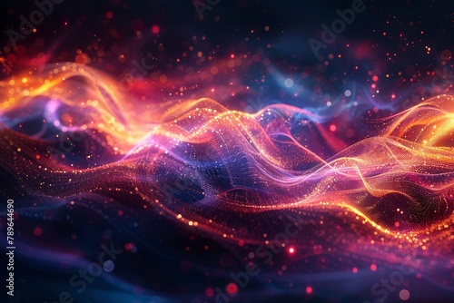 Vibrant energy pulses flowing through a network of fine  glowing lines on a dark abstract background
