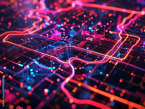 A dense network of futuristic metro lines, glowing in neon colors on a dark, textured city map background