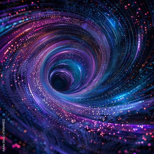 A digital vortex pulling colorful data streams into its center, visualized in shades of purple, blue, and black