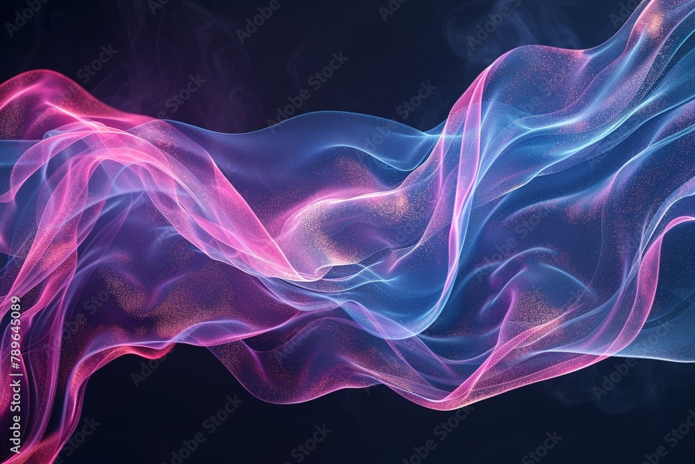 Flowing abstract shapes resembling digital fabric, in colors of neon pink and electric blue against a deep black background