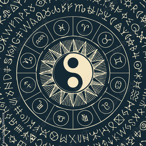 Vector circle of Zodiac signs with hand-drawn yin yang oriental symbol. Retro banner with horoscope symbols for astrological forecasts. magic runes written in a circle