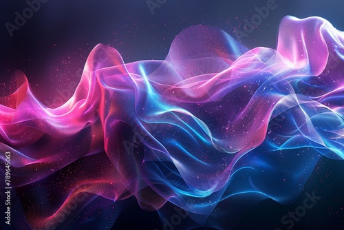 Flowing abstract shapes resembling digital fabric, in colors of neon pink and electric blue against a deep black background
