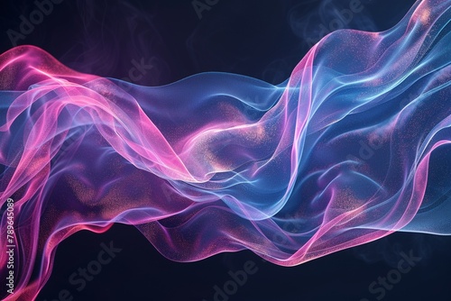 Flowing abstract shapes resembling digital fabric, in colors of neon pink and electric blue against a deep black background