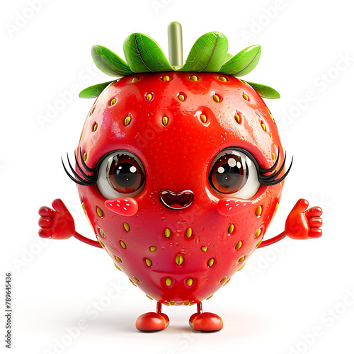 funny cute strawberry with hands and eyes, 3d illustration on a white background, for advertising and design of fruit jam and dishes 