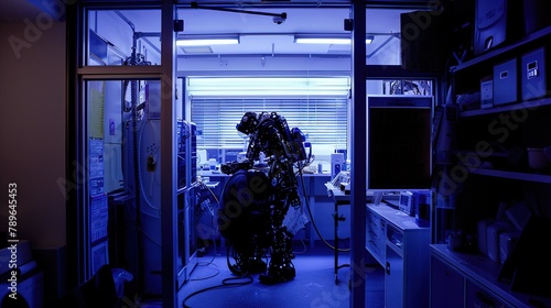 A laboratory scene set in the future, where scientists work alongside humanoid robots to develop groundbreaking AI technologies that will revolutionize society
