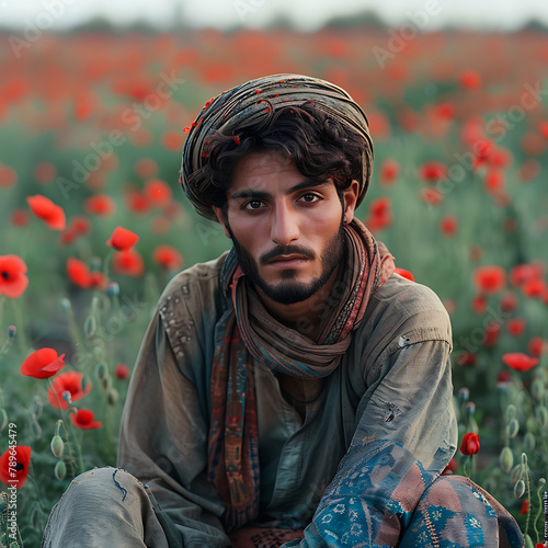 A young Afghan man in national clothes in a field of poppies looks gloomily and thoughtfully at the camera, portrait close-up