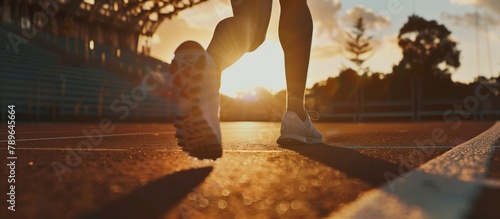 a runner’s feet in mid-stride on an outdoor track, bathed in the warm golden light of sunset, symbolizing determination and the pursuit of personal goals. resilience, progress and reach new heights. photo