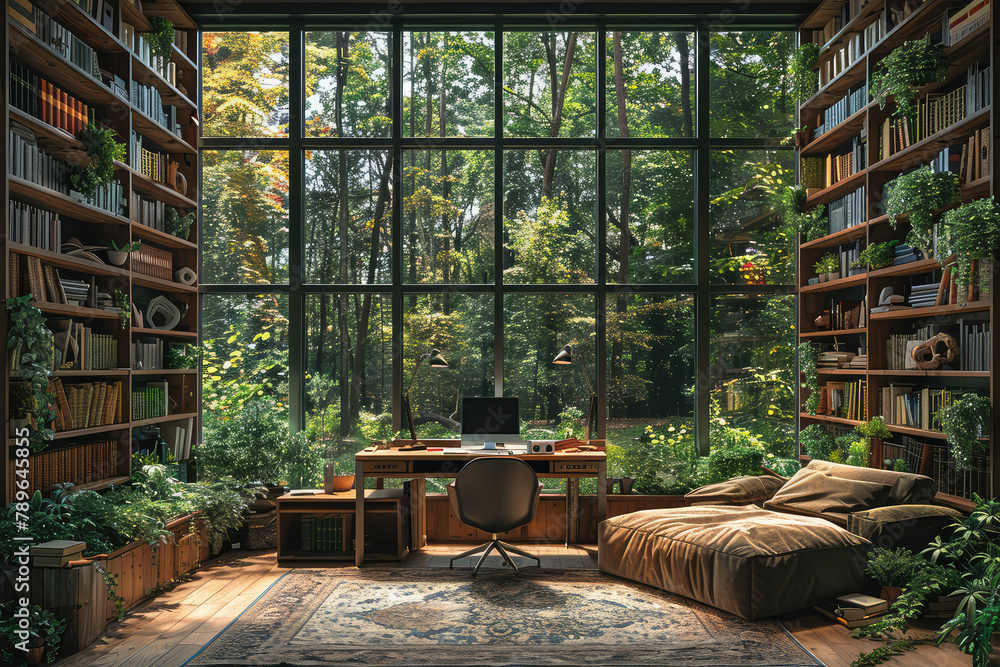 A cozy home office with floortoceiling windows, overlooking the forest and jungle outside. The room is filled with bookshelves brimming with books on art history. Created with Ai