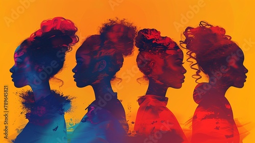 Woman history month design  silhouettes of four women of various races  minimalist  Vibrant color and cool pattern