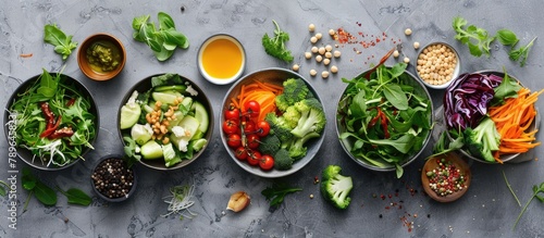 Ingredients included in a spring vegetable buddha bowl on a gray background, viewed from the top. Healthy and tasty culinary offering.
