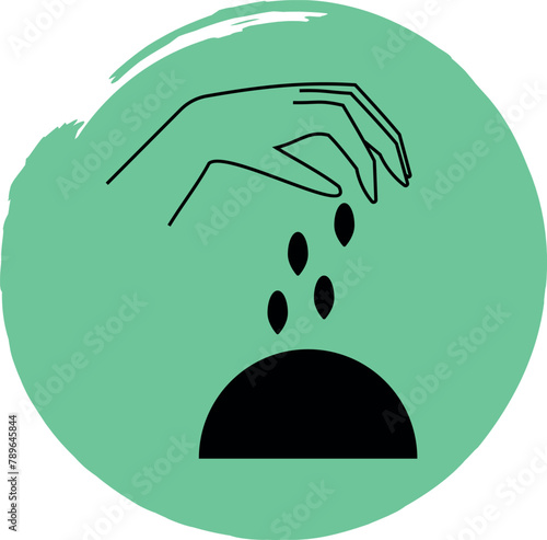 Hand icon. which throws grains into the soil in line art style on a green background. Vector. Isolated on white