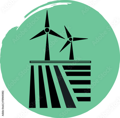 Icon of wind turbines on a field in line art style on a green background. Vector. Isolated on white