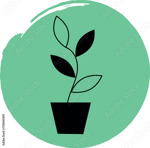 Potted plant icon in line art style on a green background. Vector. Isolated on white