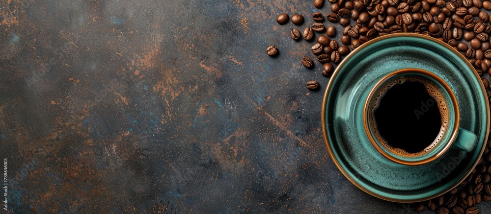 A top-down view of a table with a cup of coffee and coffee beans, with empty space for text. - obrazy, fototapety, plakaty 