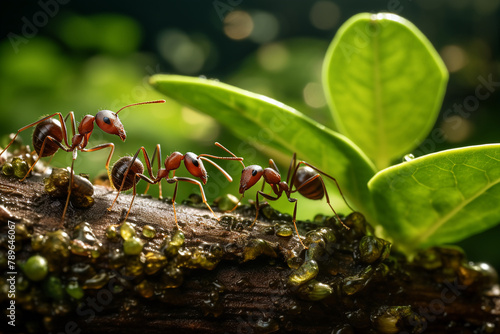 Macro shot of ants clashing over territory, showing detailed battle tactics among the insect soldiers on a leaf photo
