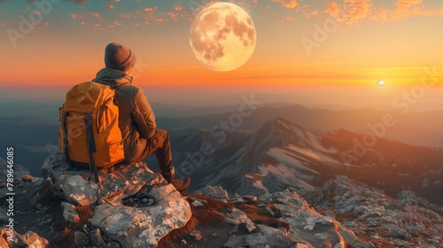 A man with a backpack enjoys the moonlit sky on a mountain peak