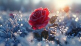 Flower plant, red rose, surrounded by snow and ice in field