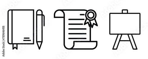 Back To School Icons, Outline education icons Collection. Book, School bag, medal, table, notebook symbol collection. Vector Illustration.