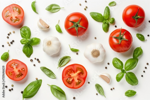 tomato garlic and basil isolated on a white background, tomato, garlic and basil as a background, restaurant food background, restaurant background, tomato background, food background 