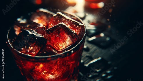 Close-up of a Negroni, focus on the glistening surface of the drink, ice gently clinking, dim bar lighting.. AI generated. photo