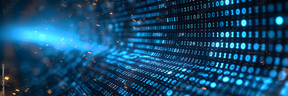 Digital binary code data stream. Panoramic blue cyber technology background. Concept for cybersecurity, encryption, and information technology banner or header design Digital binary code data stream. Panoramic blue cyber technology background. Concept for cybersecurity, encryption, and information technology banner or header design
