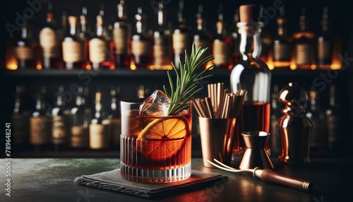 Aromatic Negroni with a sprig of rosemary, highlighting the herbal accent, set against a backdrop of dark bar shelves.. AI generated.