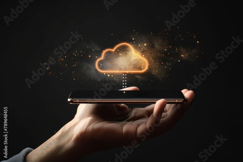 A hand holding a Phone with glowing cloud icon floating above it, symbolizing the user's connection to digital data and AI technology on black background Generative AI © SKIMP Art