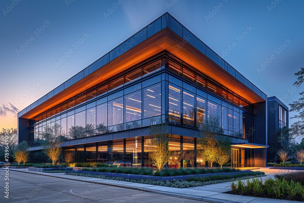 A sleek modern warehouse building with large glass windows and illuminated by yellow LED lighting, against the backdrop of twilight sky. Created with Ai