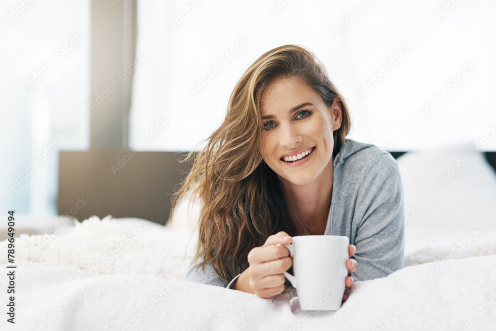 Woman, portrait and relax on bed for tea for weekend break, peace or wellness in apartment or home. Wake up, morning or happy person resting on bedroom or day off drinking coffee or beverage Woman, portrait and relax on bed for tea for weekend break, peace or wellness in apartment or home. Wake up, morning or happy person resting on bedroom or day off drinking coffee or beverage