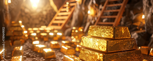 Stacks of various gold bars, in the background tools of a gold mine, Gold as investment theme