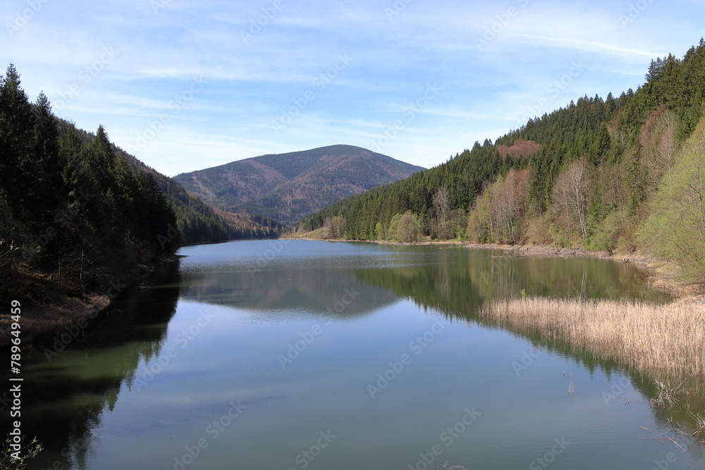 Bay of the Sance dam reservoir in the Beskydy Mountains in the Czech Republic. Sunny spring day. Bay of the Sance dam reservoir in the Beskydy Mountains in the Czech Republic. Sunny spring day.