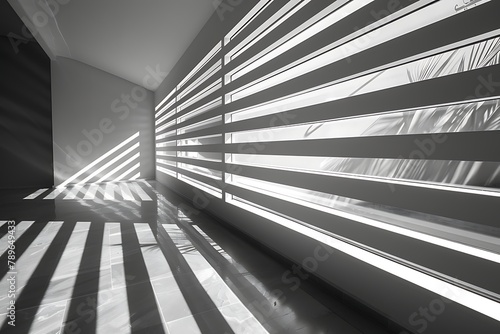 Light beam window shades geometrical lines texture. Window shades pattern texture lines, light beam geometrical shapes on wall. Black and white monochrome. .