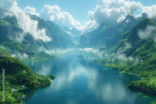 A stunning view of the Fjord in Norway with lush green mountains and clear blue waters reflecting in its tranquil surface. Created with Ai