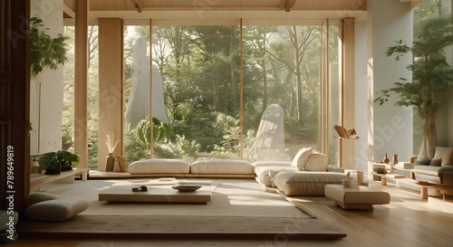 eautiful interior design, light colors, sofas, lots of natural light and natural trees in the scene photo