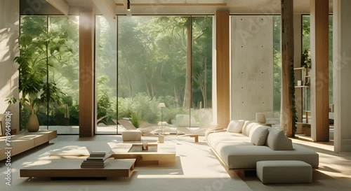 eautiful interior design, light colors, sofas, lots of natural light and natural trees in the scene photo