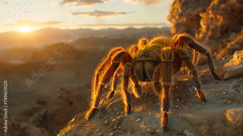 Arthropod crawls on rocky hillside at sunset, against dramatic sky photo