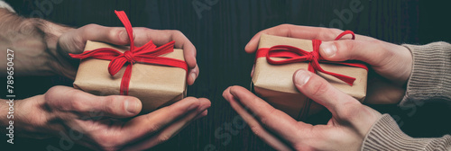 Two hands are gripping a gift box wrapped in paper with a red ribbon, creating a scene of gift-giving or celebration